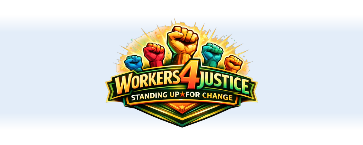 Workers4Justice crest — five raised fists above the words Standing Up for Change
